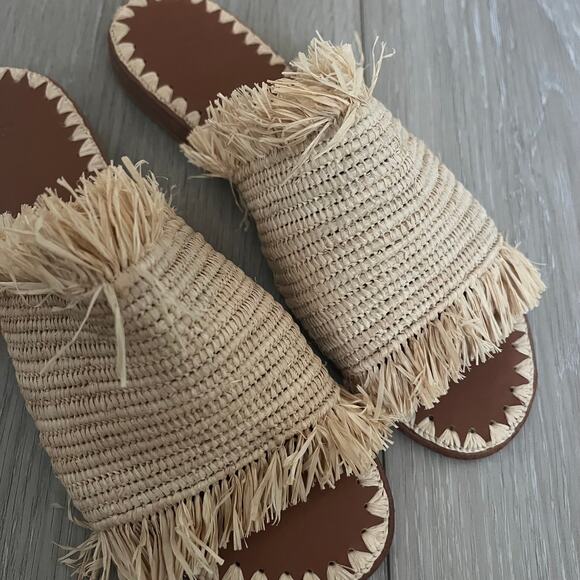 Anthro Proud Mary Raffia Fringe Slide Sandal Women's 37/ 6 US Natural Morocco - Picture 5 of 10